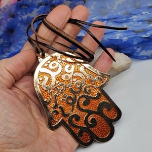 Moroccan Hamsa Jewelry Golden Pendant Genuine Leather Ethnic Necklace